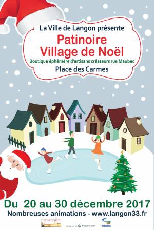 Grand village de Noël avec patinoire animée, village de neige